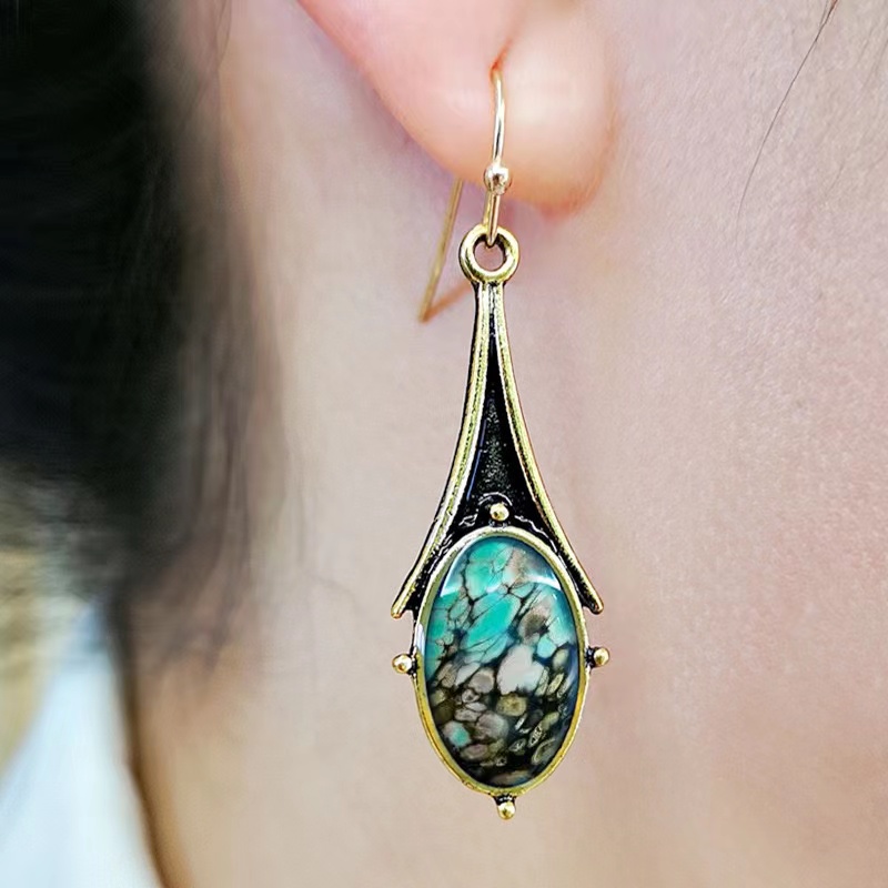 Retro Gold Marble Drop-shaped Flower Colored Turquoise Earrings display picture 4