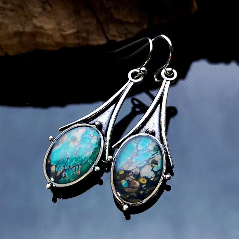 Boucles D'oreilles Turquoise De Couleur Fleur En Forme De Goutte En Marbre Or Rétro display picture 5