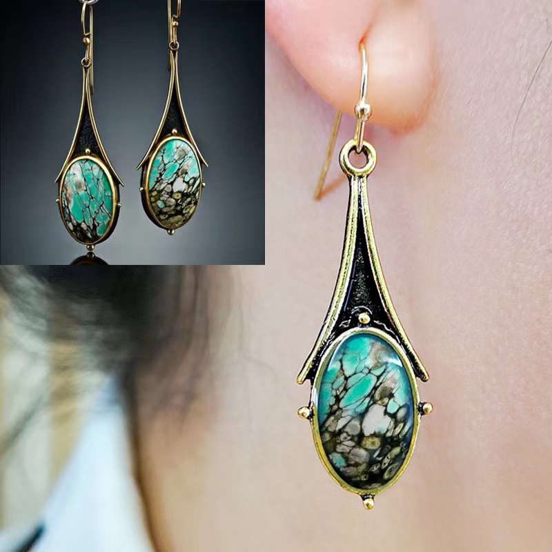 Boucles D'oreilles Turquoise De Couleur Fleur En Forme De Goutte En Marbre Or Rétro display picture 6