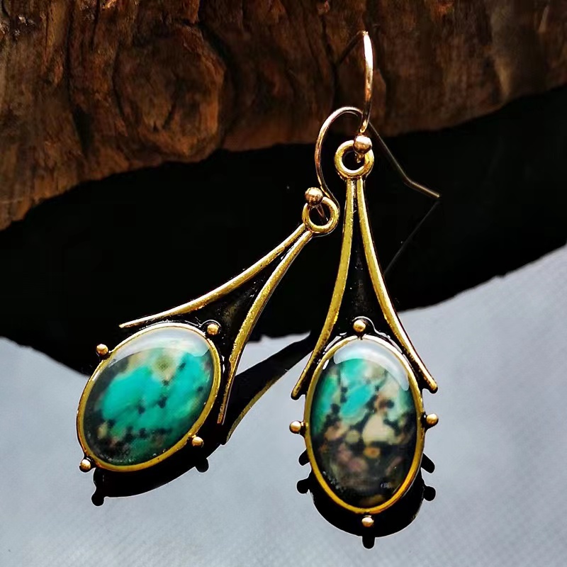 Retro Gold Marble Drop-shaped Flower Colored Turquoise Earrings display picture 7