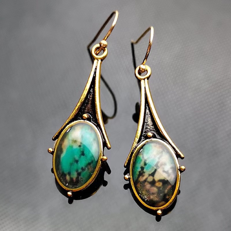Retro Gold Marble Drop-shaped Flower Colored Turquoise Earrings display picture 8