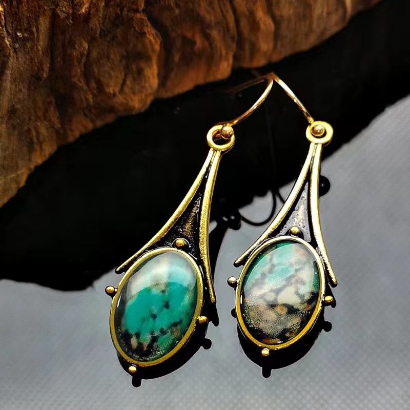 Retro Gold Marble Drop-shaped Flower Colored Turquoise Earrings display picture 9