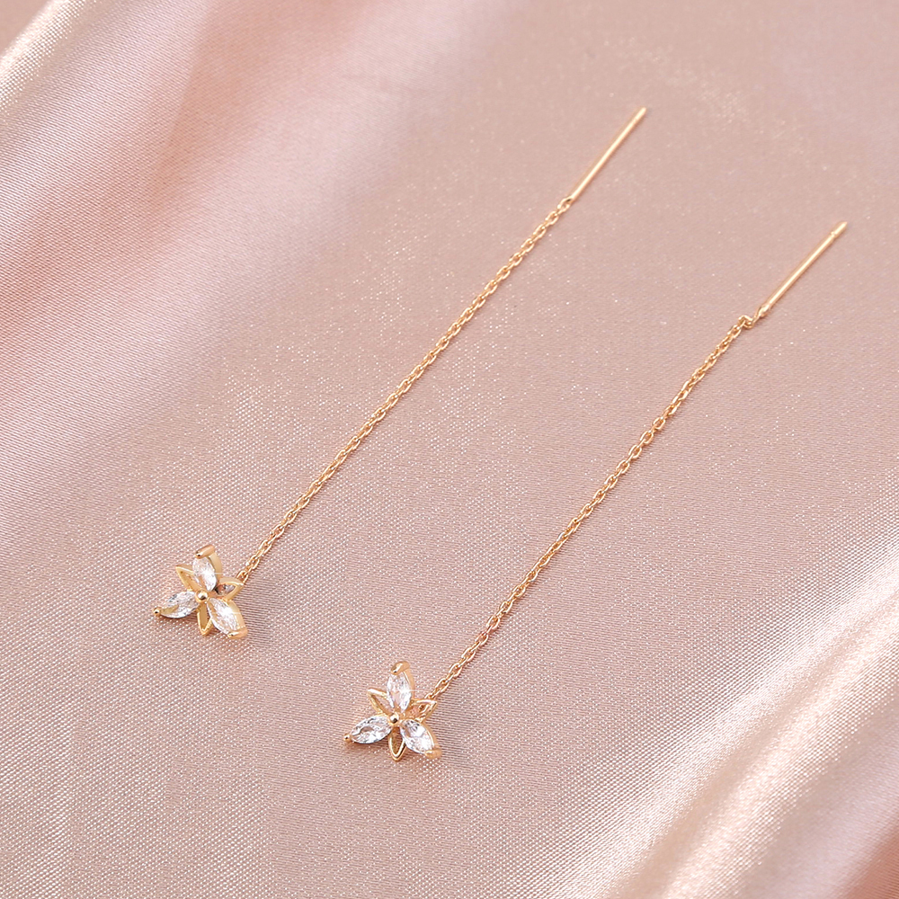 Simple Fashionable Golden Flower Zircon Long Metal Earrings Wholesale display picture 2