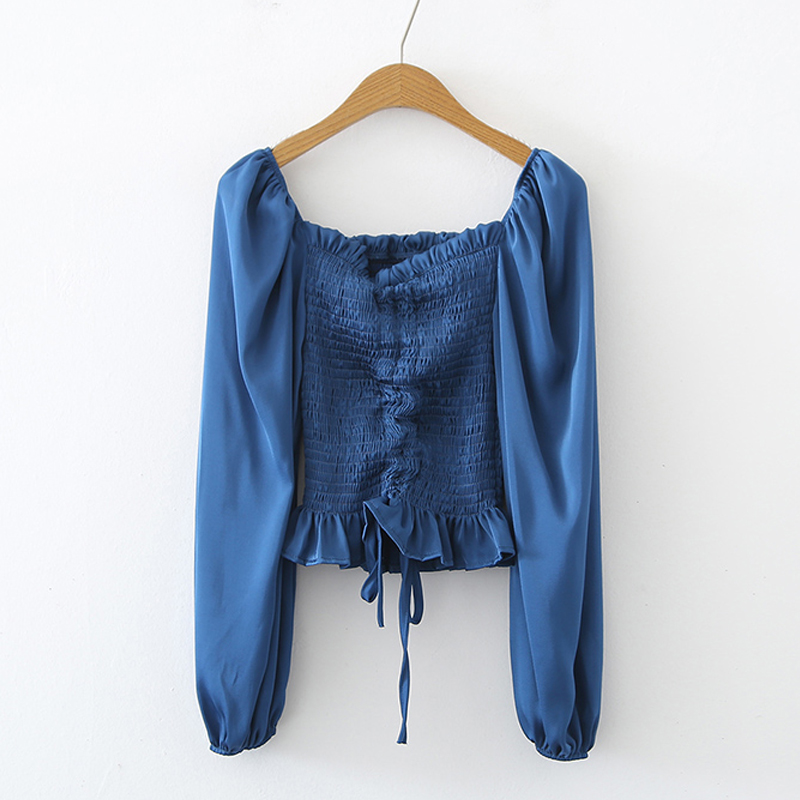 Simple Elastic Waist Puff Sleevessquare-neck Blouse Lace-up Shirt display picture 3