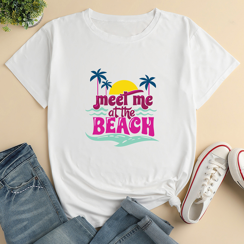 Letters Beach Print Ladies Loose Casual T-shirt display picture 1