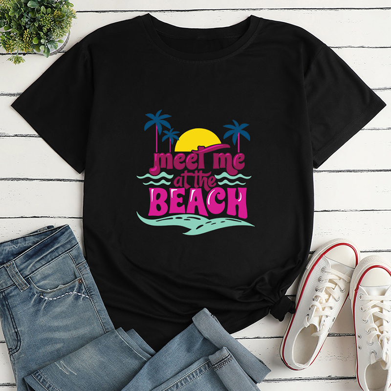 Letters Beach Print Ladies Loose Casual T-shirt display picture 3
