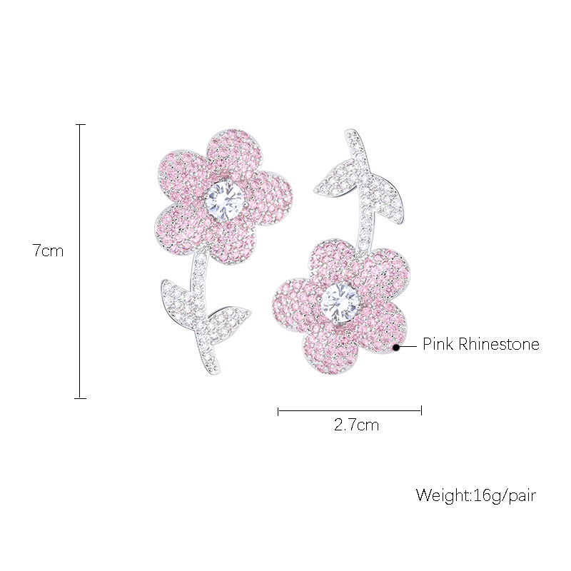 Pink Full Diamond Asymmetric Korean Style Cute Flower Drop Earrings display picture 1