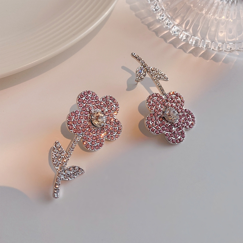 Pink Full Diamond Asymmetric Korean Style Cute Flower Drop Earrings display picture 2
