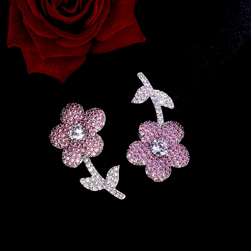 Pink Full Diamond Asymmetric Korean Style Cute Flower Drop Earrings display picture 3