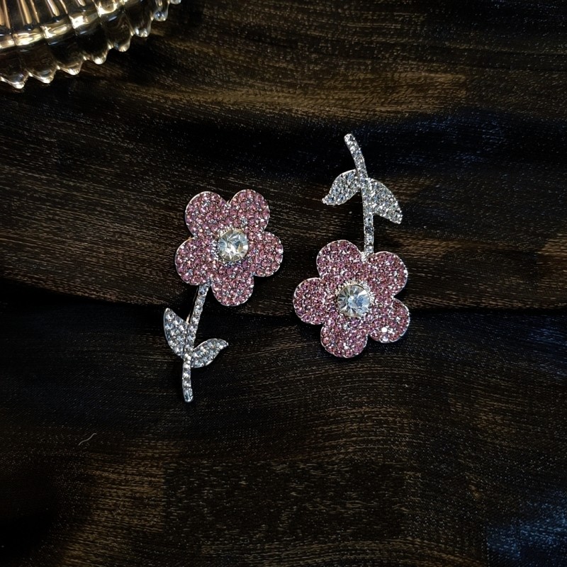 Pink Full Diamond Asymmetric Korean Style Cute Flower Drop Earrings display picture 4