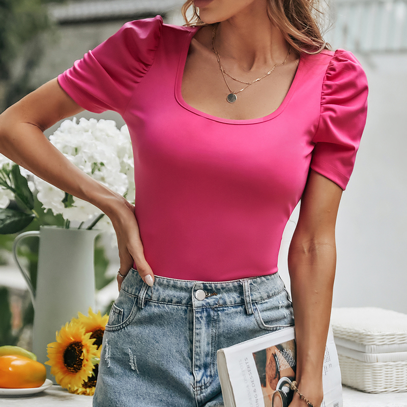 Fashion Short Sleeve Square Neck Pile Sleeve Slim Fit Women's T-shirt display picture 3