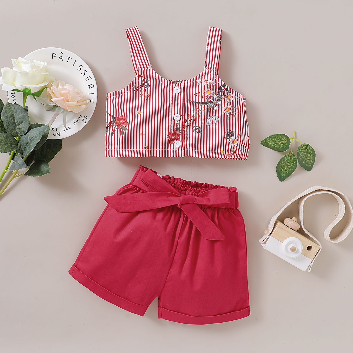 Vertical Strip Short-sleeved Top Red Shorts Casual Baby Two-piece Suit display picture 1
