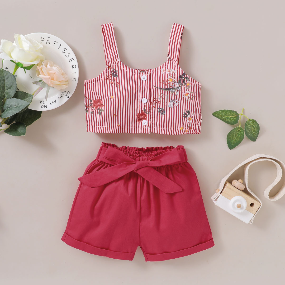 Vertical Strip Short-sleeved Top Red Shorts Casual Baby Two-piece Suit display picture 2