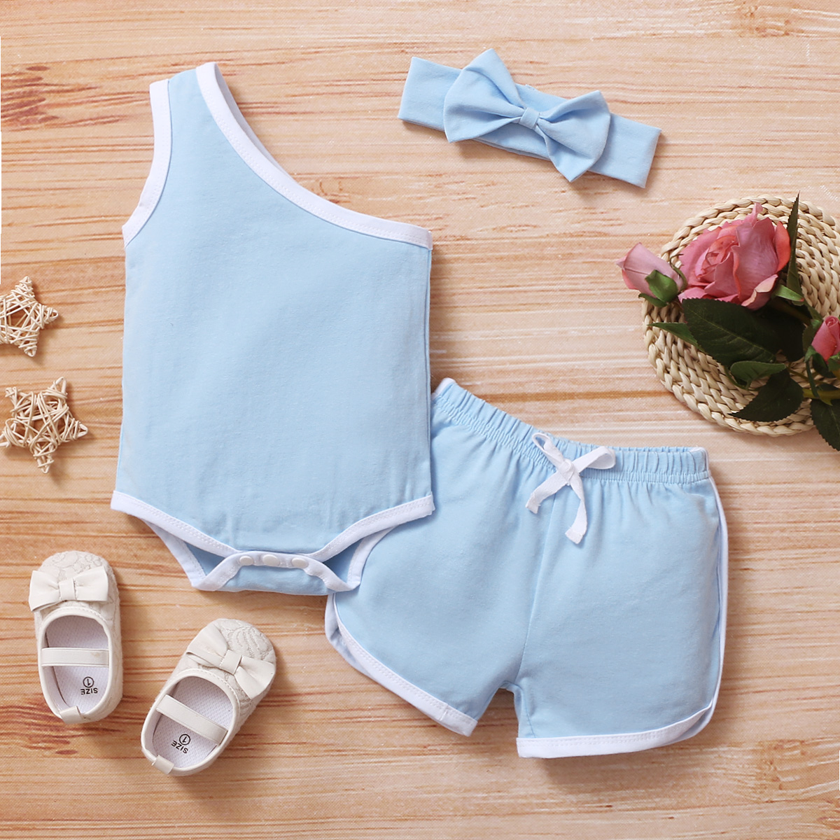 Fashion Summer Solid Color One-shoulder Romper Shorts Baby Simple Suit display picture 3