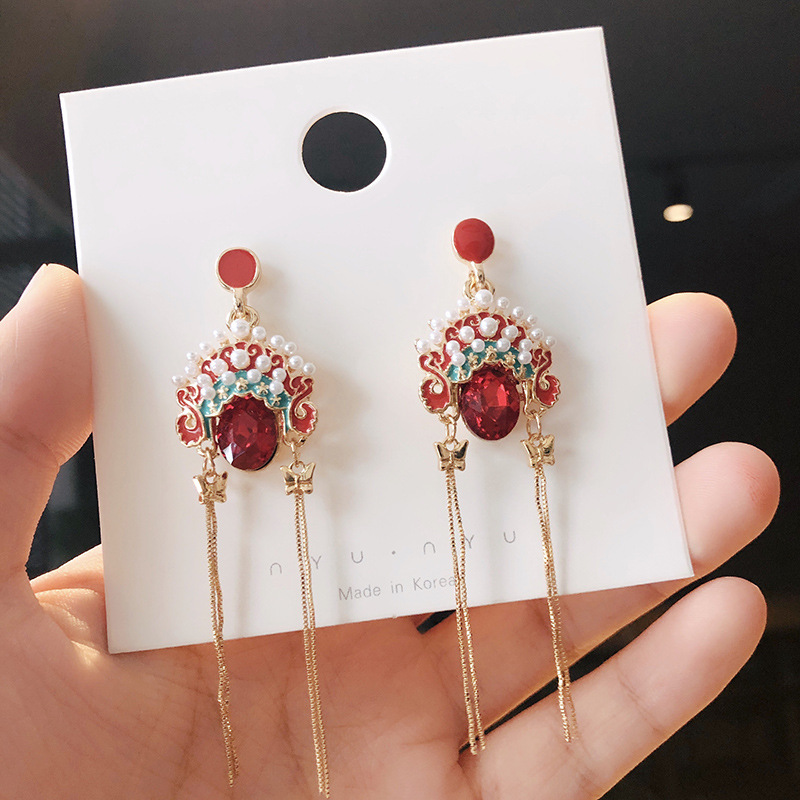 Ethnic Peking Opera Crystal Inlaid Pearl Drop Earrings Wholesale display picture 1