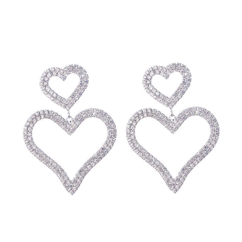 European And American Fashion Exaggerated Diamond S925 Silver Needle Double Love Earrings Temperament Wild Long Peach Heart Earrings Earrings display picture 1
