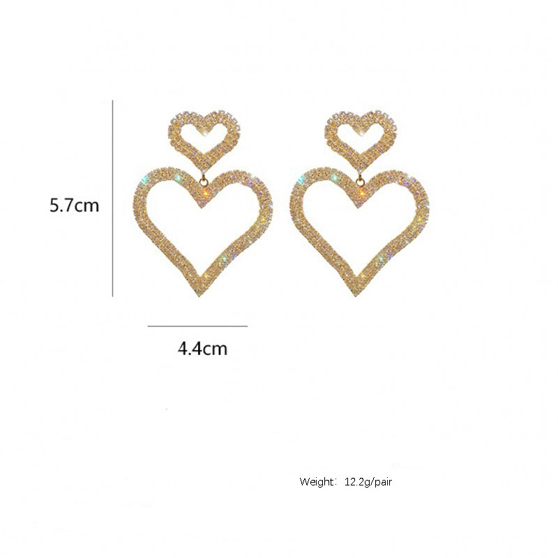 European And American Fashion Exaggerated Diamond S925 Silver Needle Double Love Earrings Temperament Wild Long Peach Heart Earrings Earrings display picture 3