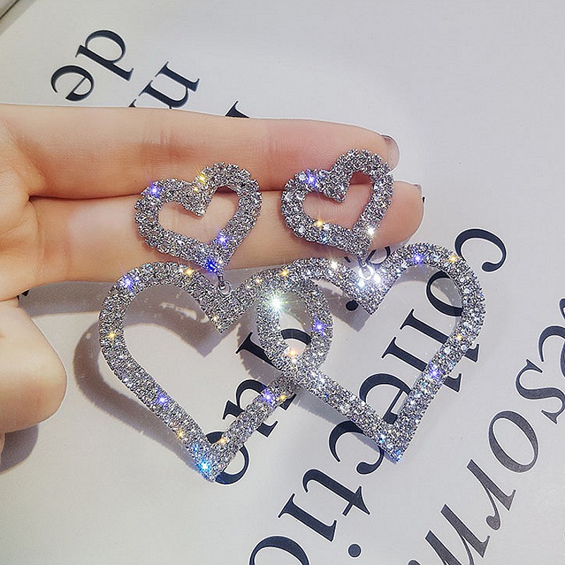 European And American Fashion Exaggerated Diamond S925 Silver Needle Double Love Earrings Temperament Wild Long Peach Heart Earrings Earrings display picture 6