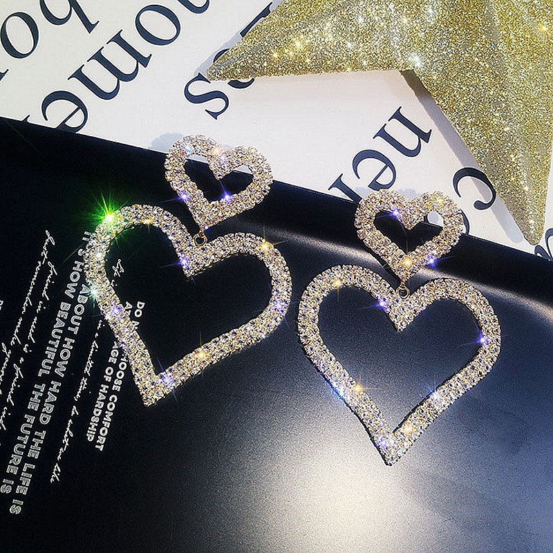 European And American Fashion Exaggerated Diamond S925 Silver Needle Double Love Earrings Temperament Wild Long Peach Heart Earrings Earrings display picture 9