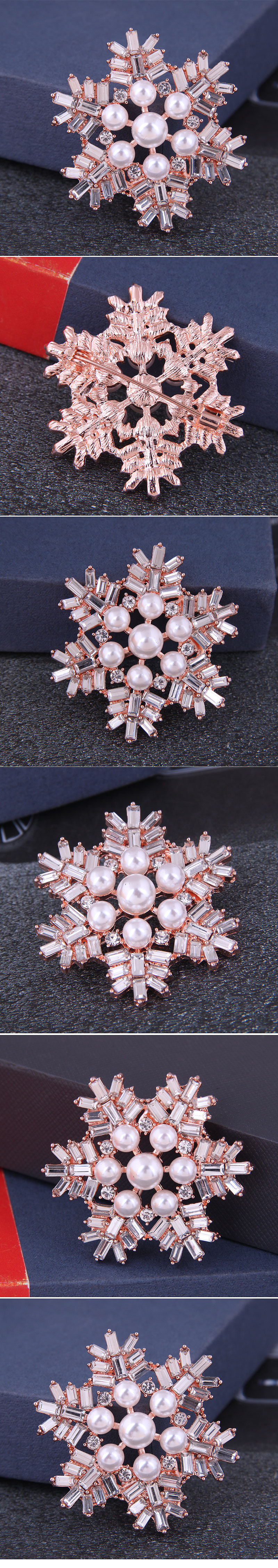 Korean Fashion Simple Snowflake Copper Diamond Pearl Ladies Brooch display picture 1
