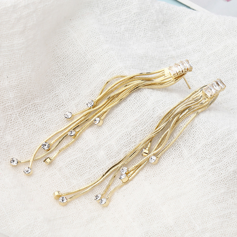 Fashion Geometric Copper Zircon Long Tassel Thin Earrings display picture 1