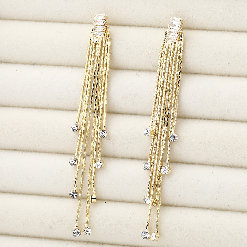 Fashion Geometric Copper Zircon Long Tassel Thin Earrings display picture 5