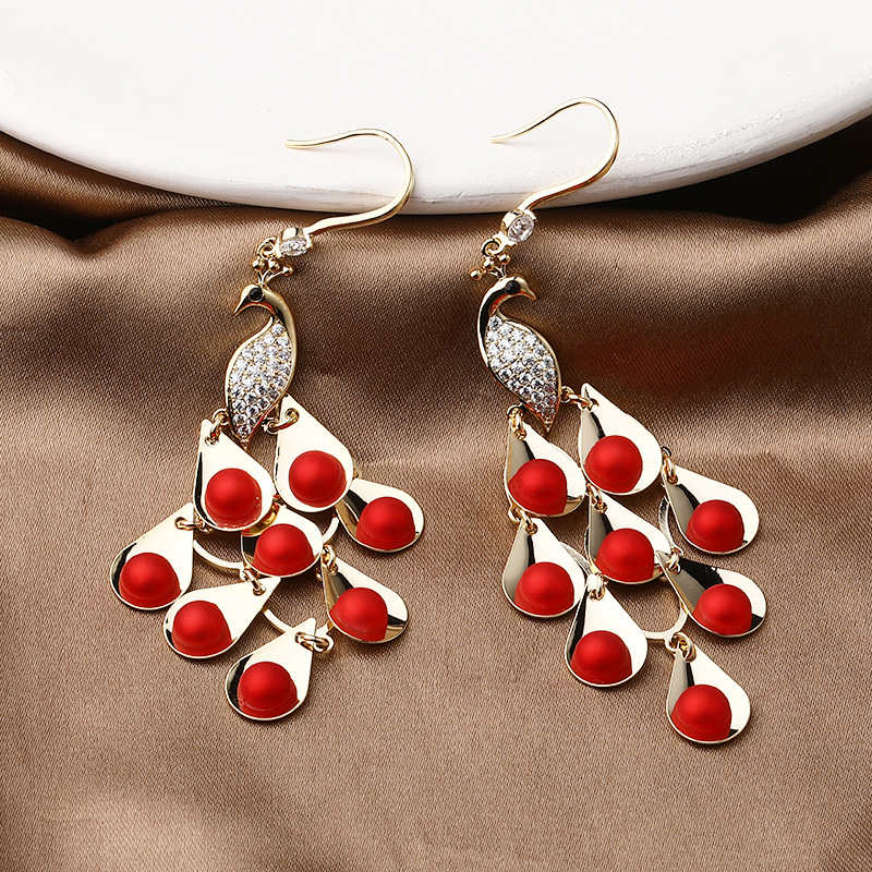 Boucles D&#39;oreilles Pendantes De Paon Daimond En Cuivre Rouge Festif De Mode Rétro display picture 3