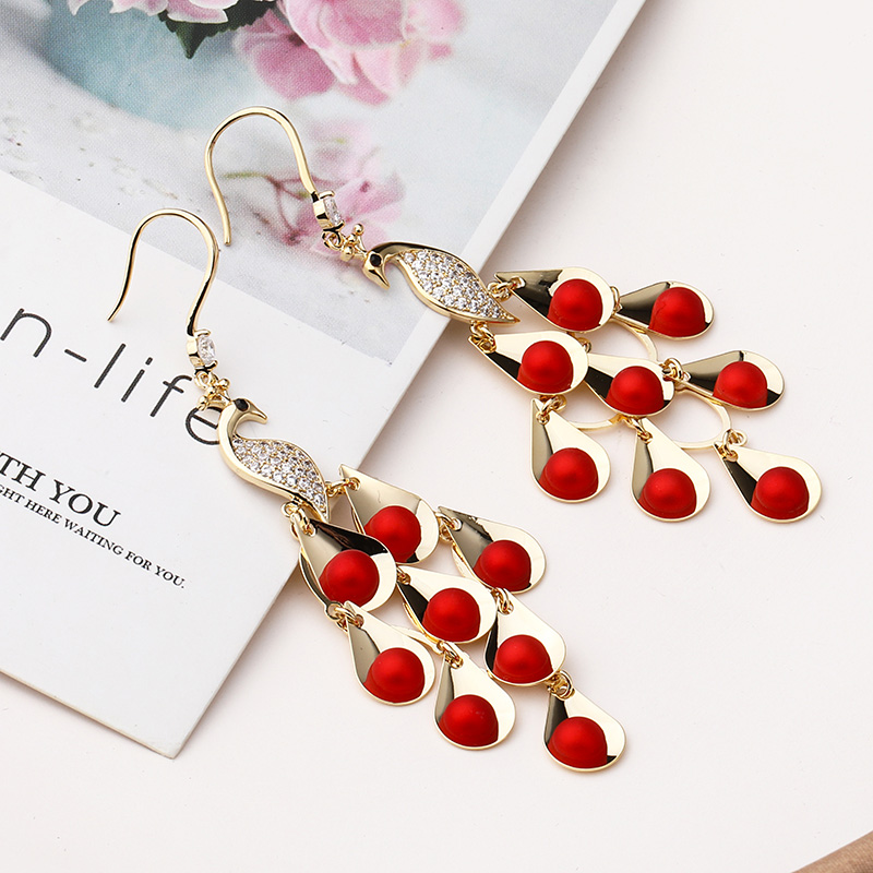 Retro Fashion Red Festive Copper Daimond Peacock Pendent Earrings display picture 5