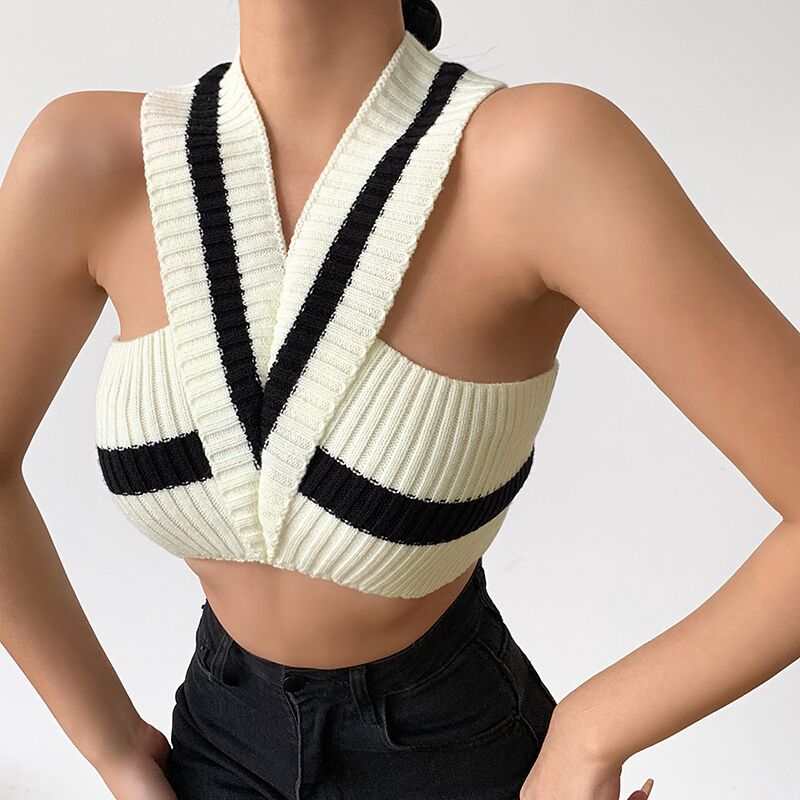 Fashion Knitted Vest Striped Sleeveless V-neck Slim Versatile Halter Top display picture 3