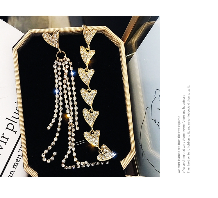Fashion Long Asymmetric Rhinestone Heart Shaped Metal Earrings display picture 5