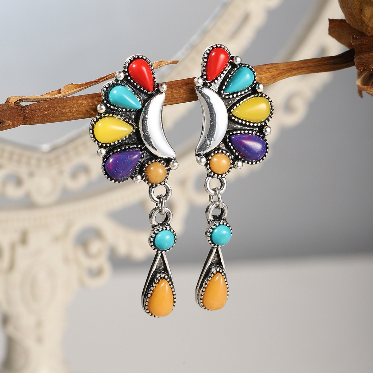 New Half-moon And Water Drop Turquoise Retro Exaggerated Earrings display picture 1
