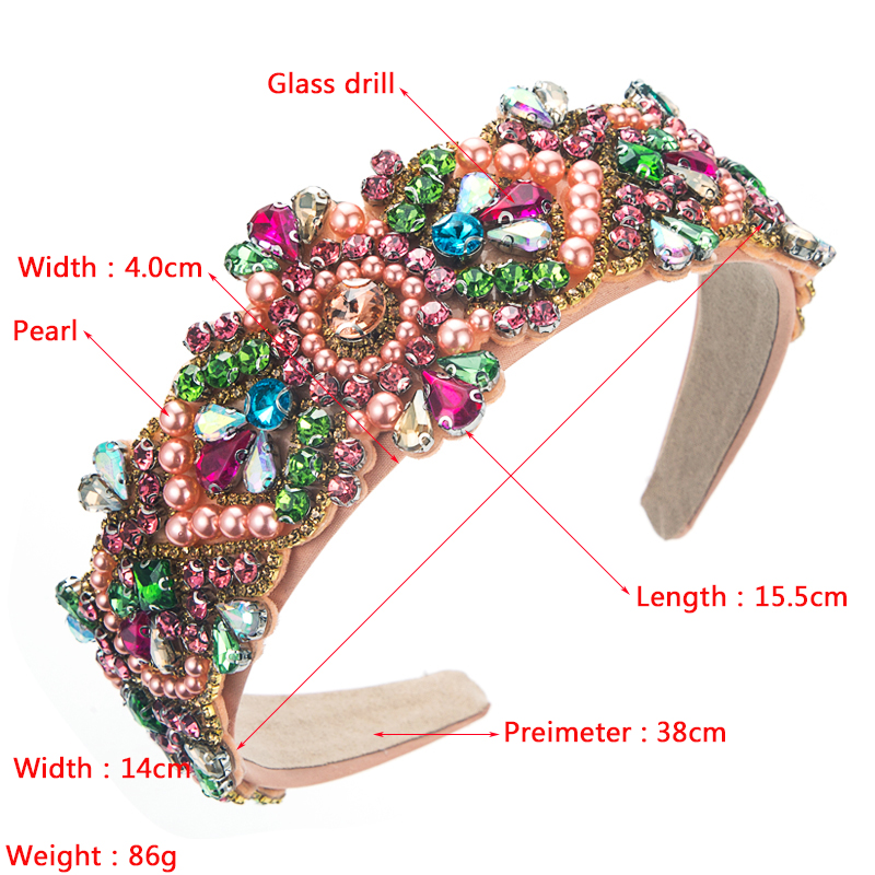 Barockes, Rosafarbenes, Rotes, Geometrisch Eingelegtes, Breites Stirnband Mit Diamantperlen display picture 1