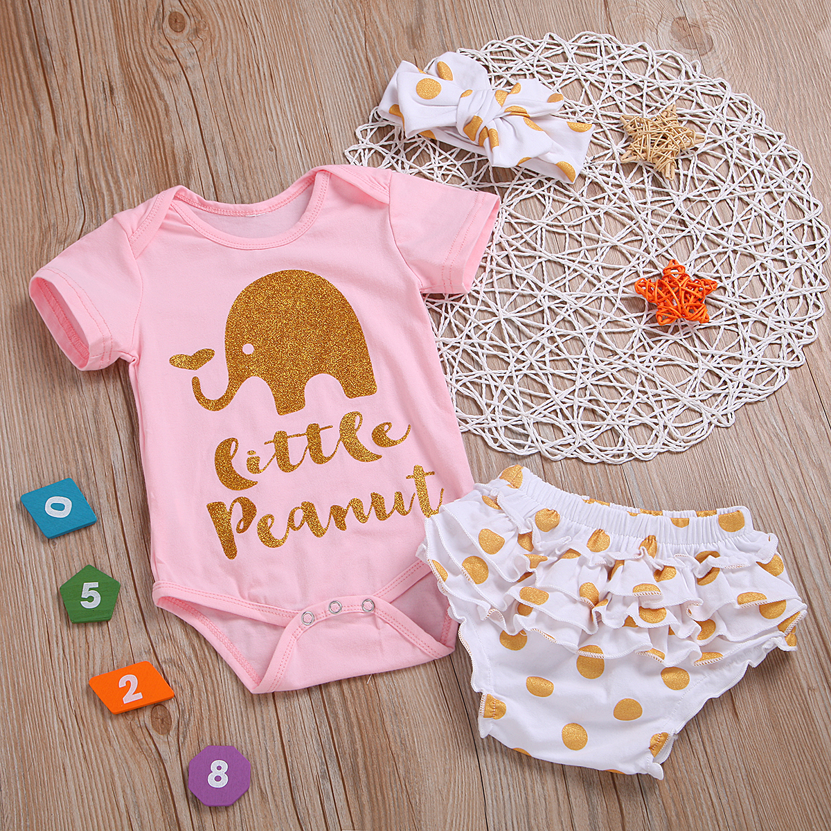 Pink Elephant Print Romper Golden Turban Triangle Shorts Three-piece Set display picture 2