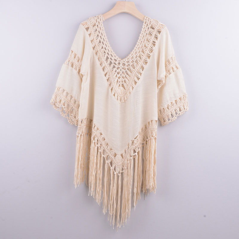 New Hand Crochet Patchwork Solid Color Hollow Irregular Fringed Blouse Top display picture 3