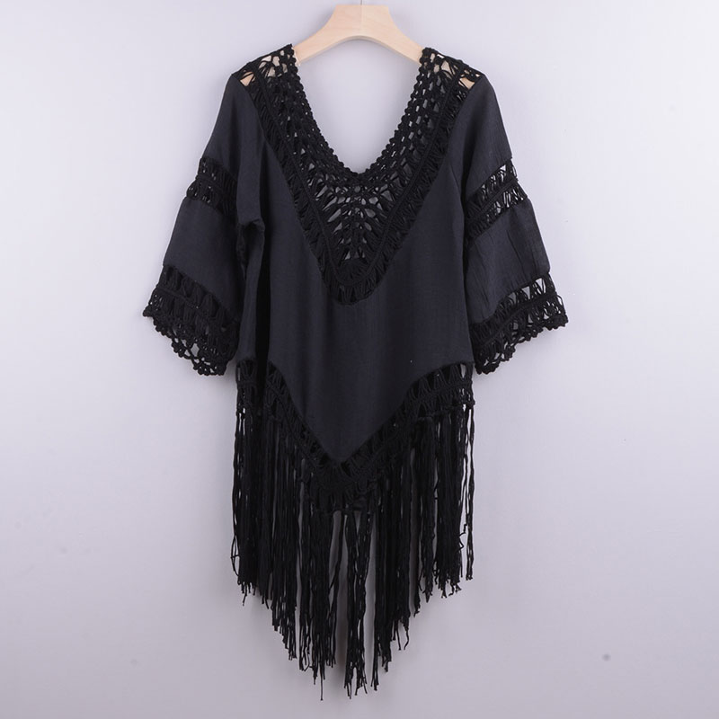 New Hand Crochet Patchwork Solid Color Hollow Irregular Fringed Blouse Top display picture 4