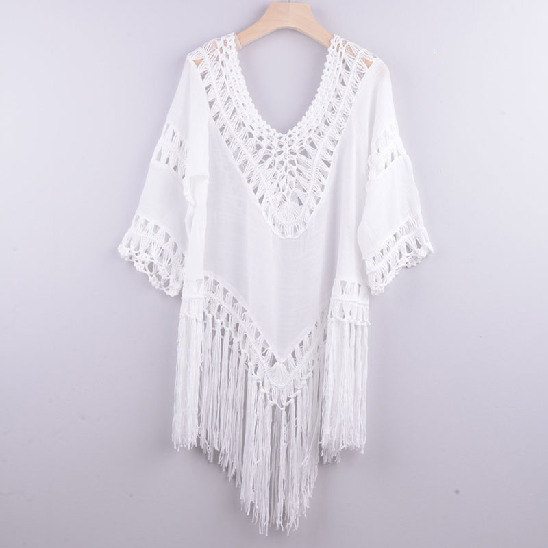 New Hand Crochet Patchwork Solid Color Hollow Irregular Fringed Blouse Top display picture 5