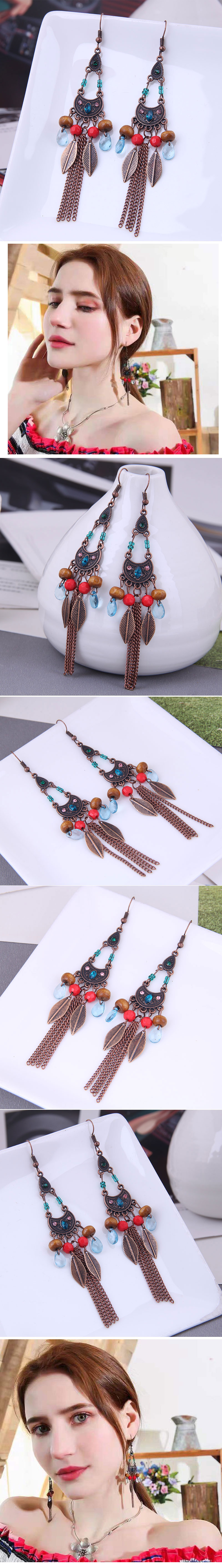 Fashion Bohemian Ethnic Style Leaves Tassel Alloy Resin Earrings display picture 1
