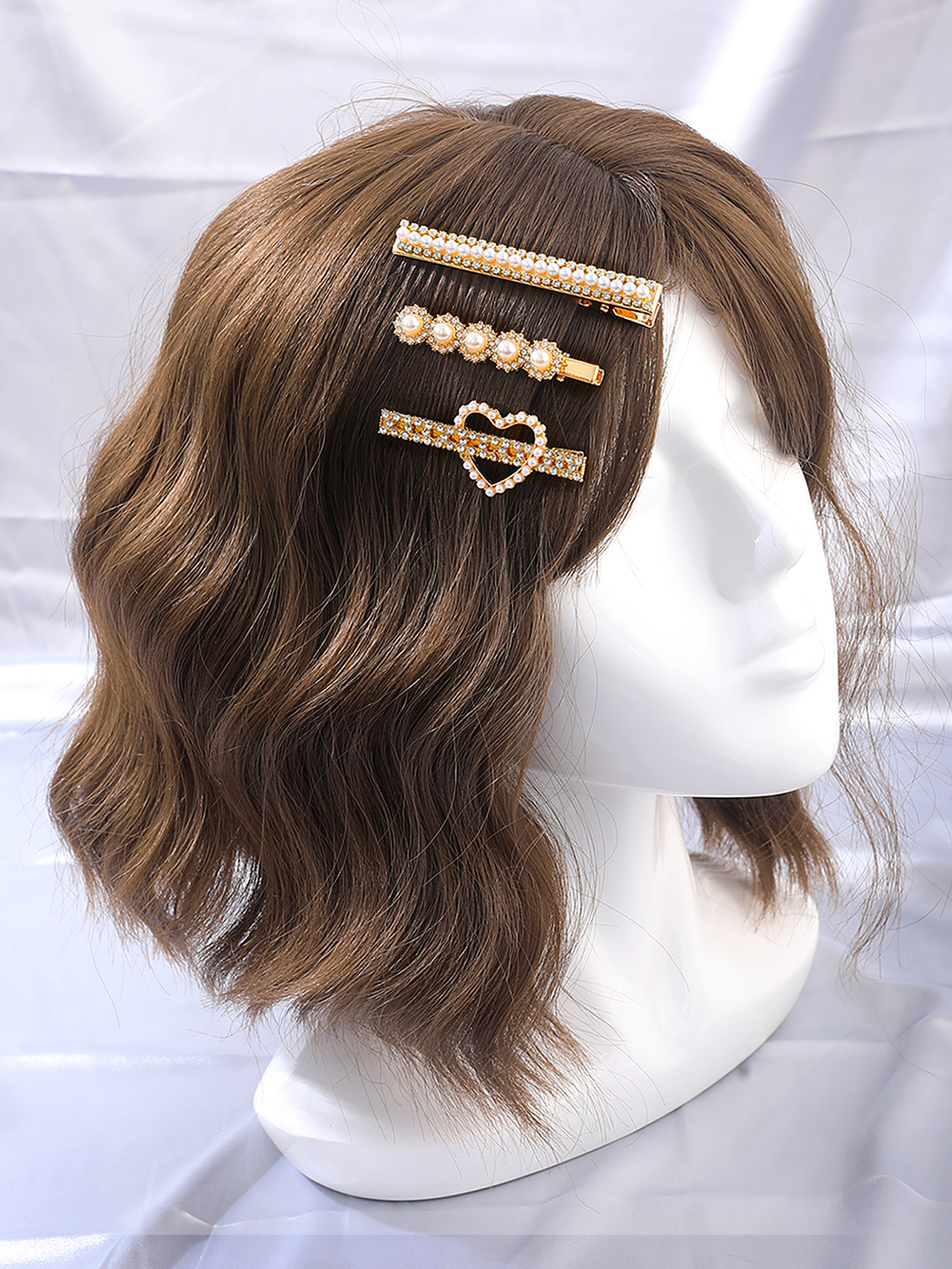 3 Piece Golden Pearl Rhinestone Heart Women's Hair Clip Set display picture 3