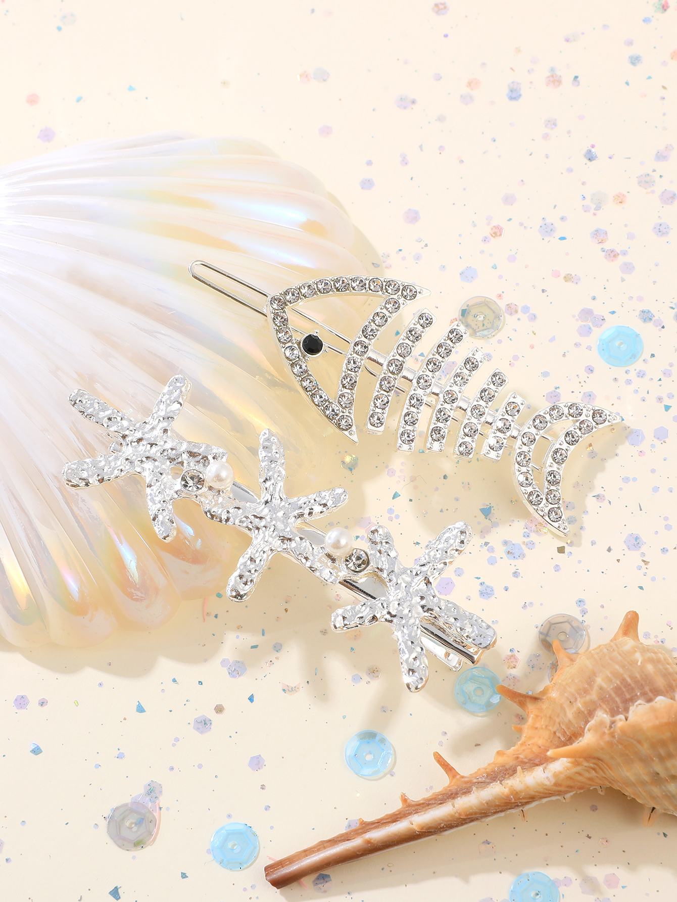 2 Pieces Silver Rhinestone Small Fish Starfish Cute Hair Clip Set display picture 2
