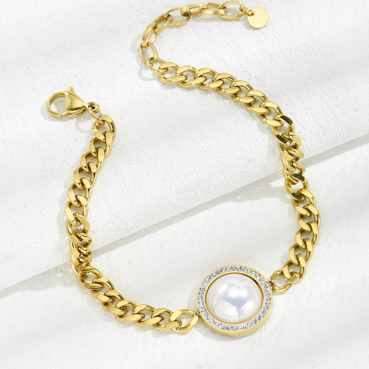 Titanium Steel Plated 14k Gold Fashion Shell Bead Zircon Thick Chain Bracelet display picture 1