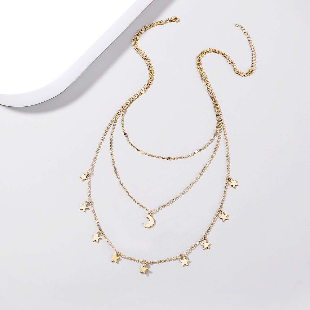 New Fashion Star Moon Tassel Pendant Multi-layer Copper Necklace display picture 2