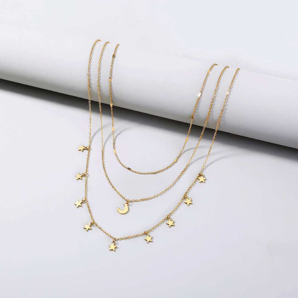 New Fashion Star Moon Tassel Pendant Multi-layer Copper Necklace display picture 3