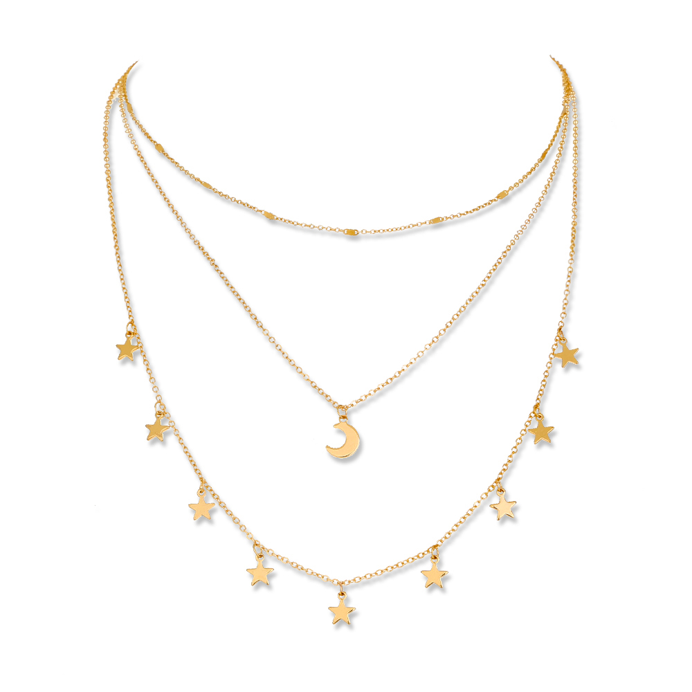 New Fashion Star Moon Tassel Pendant Multi-layer Copper Necklace display picture 4