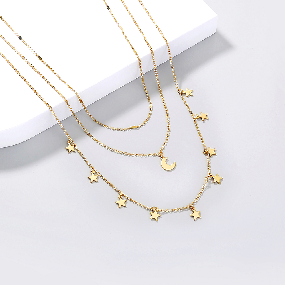 New Fashion Star Moon Tassel Pendant Multi-layer Copper Necklace display picture 5