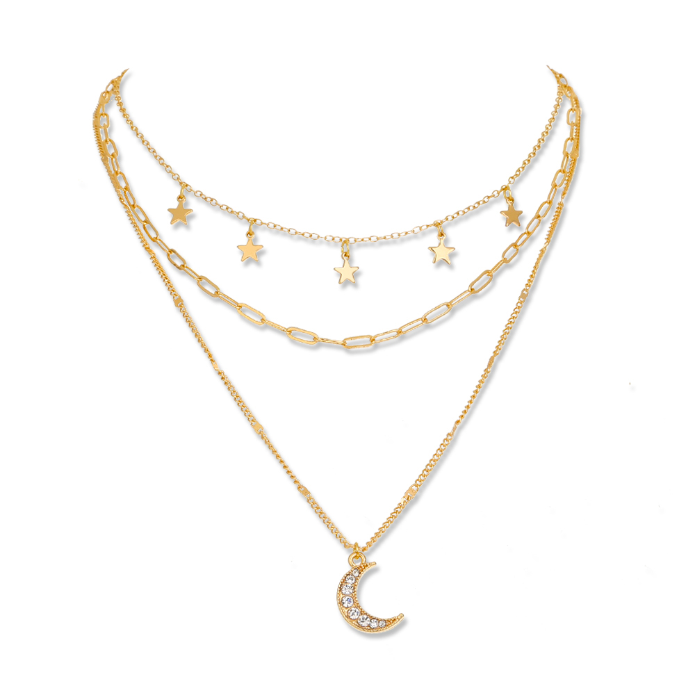 New Fashion Star Inlaid Zircon Moon Pendant Multi-layer Copper Necklace display picture 2