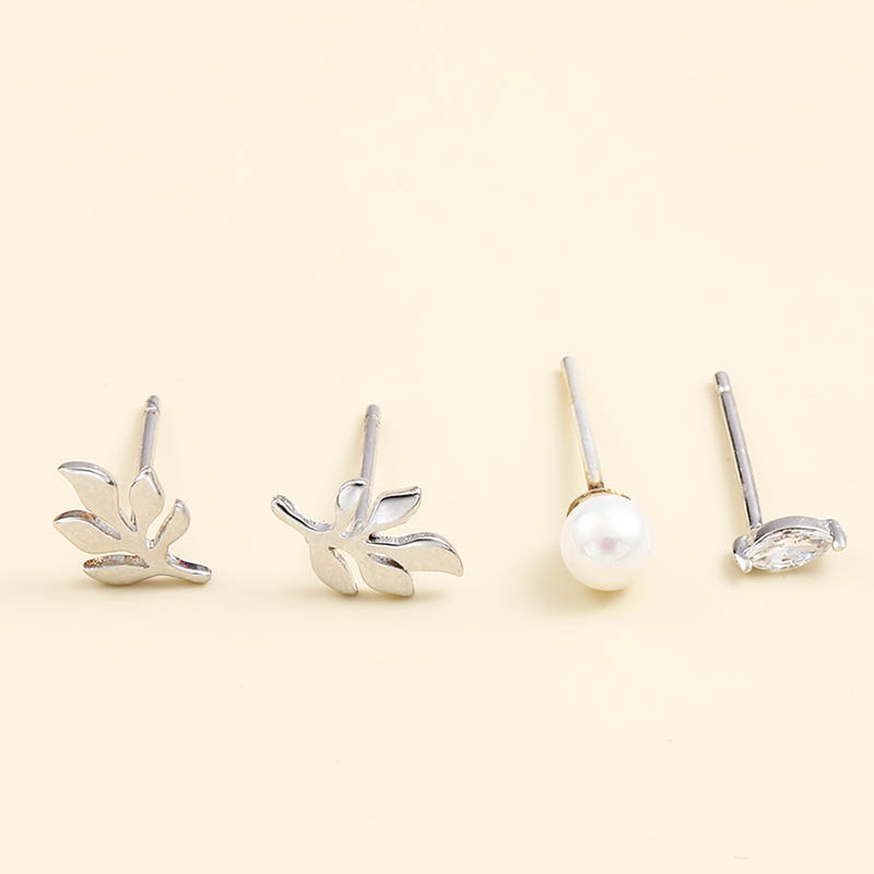 Fashion Geometric Leaves Pearl Zircon 925 Silver Stud Earrings display picture 1