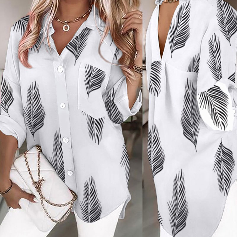 2022 Spring New Large Lapel Long-sleeved Printed Cardigan Stand-up Collar Shirt Top display picture 1