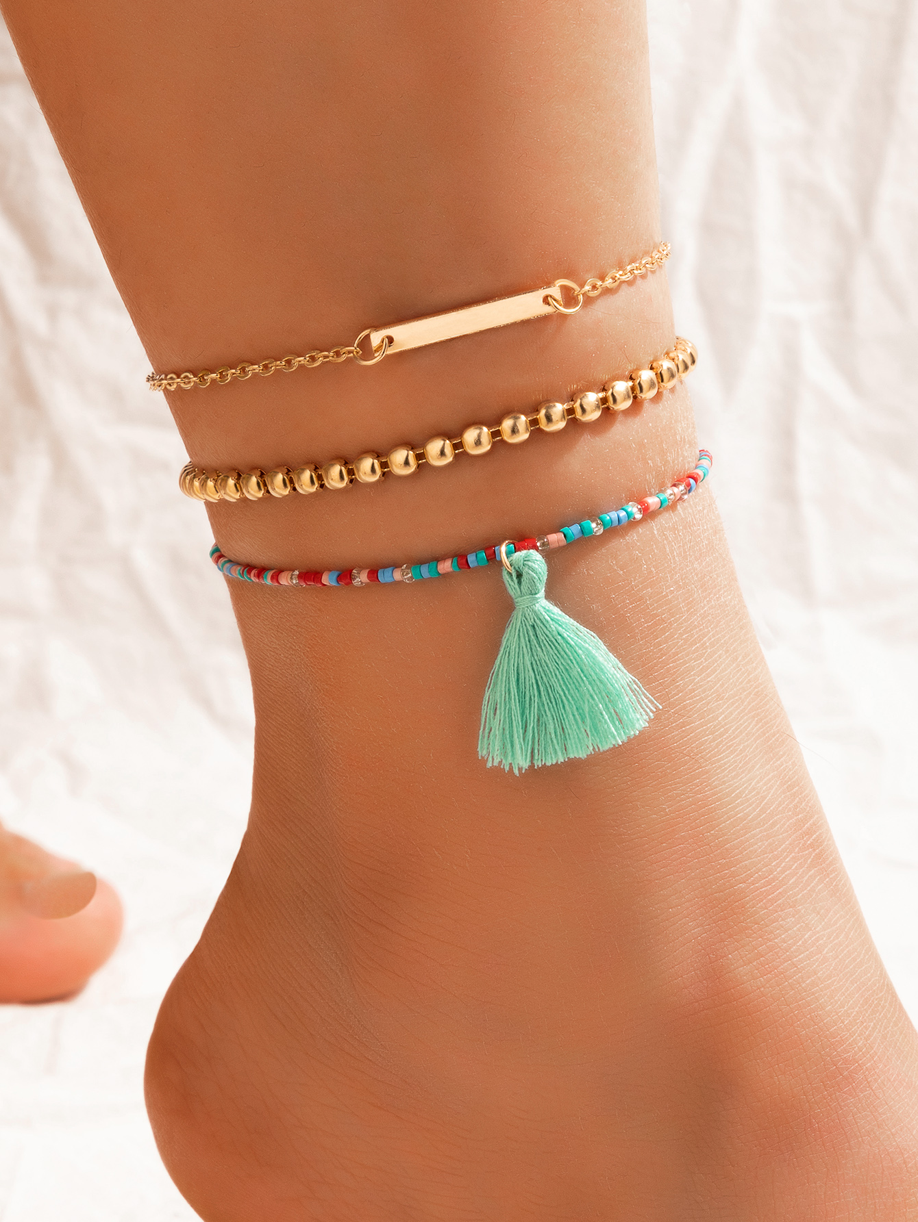 New Jewelry Fashion Creative Alloy Rice Bead Woven Shell Multi-layer Anklet display picture 11