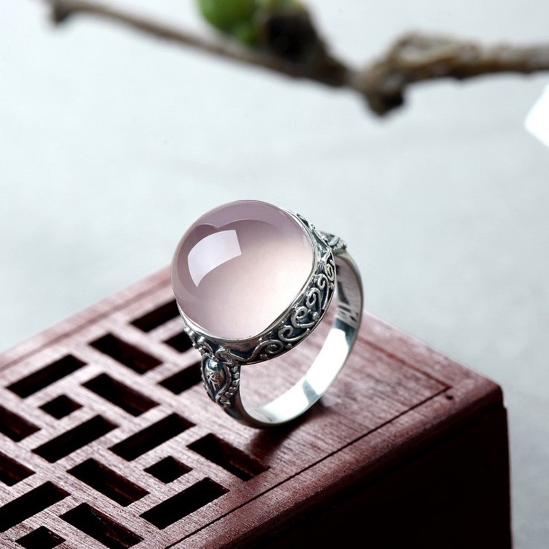 Vintage Inlaid Round Pink Crystal Hibiscus Stone Ring display picture 3