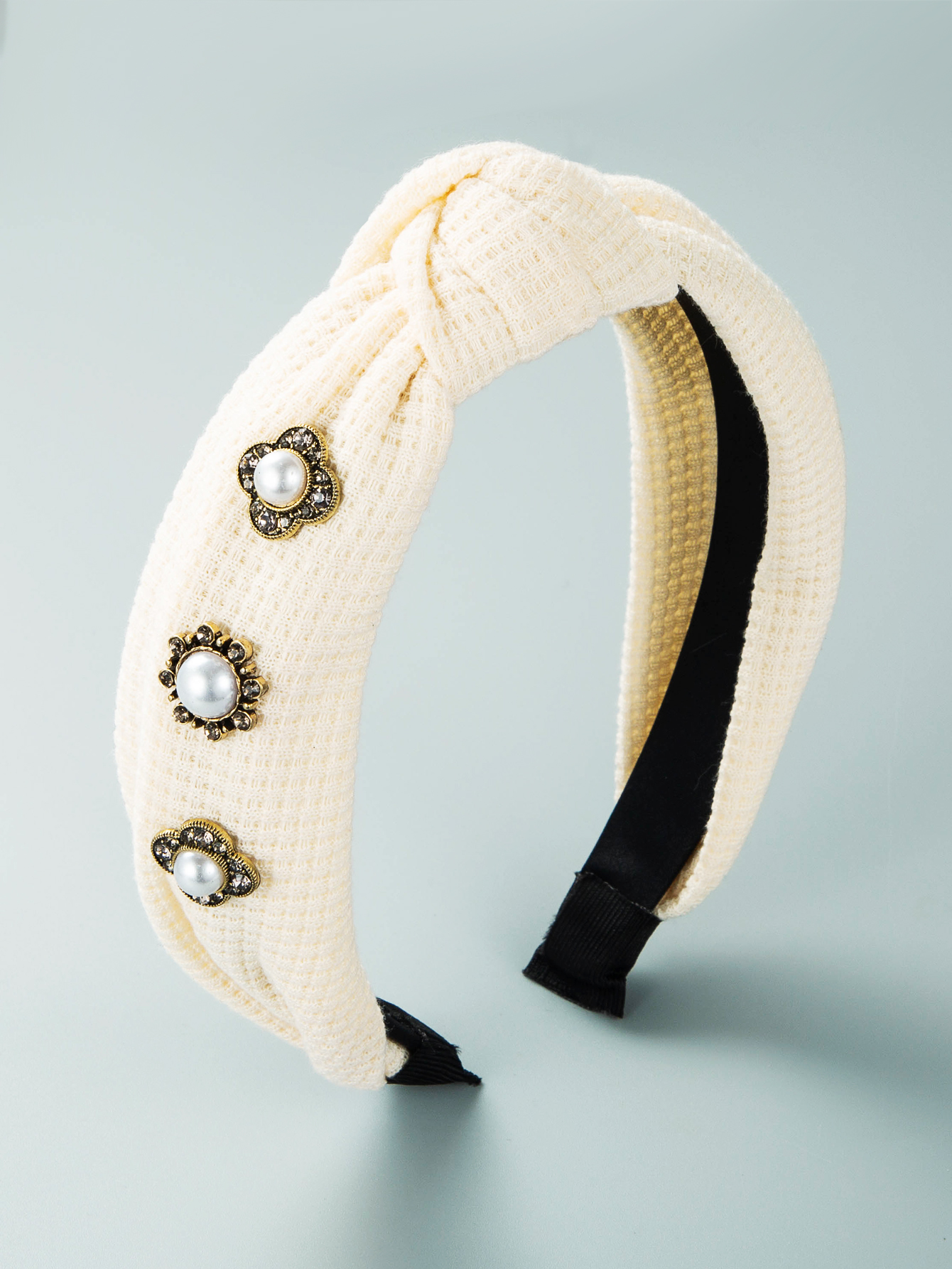 Korean Style Knotted Fabric Inlaid Pearl Headband display picture 3